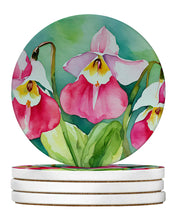 Load image into Gallery viewer, Minnesota Pink and White Lady’s Slippers in Watercolor Large Sandstone Coasters Pack of 4