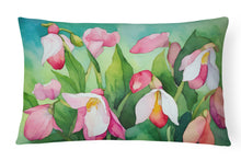 Load image into Gallery viewer, Minnesota Pink and White Lady’s Slippers in Watercolor Fabric Decorative Pillow