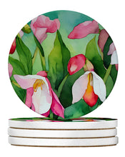Load image into Gallery viewer, Minnesota Pink and White Lady’s Slippers in Watercolor Large Sandstone Coasters Pack of 4