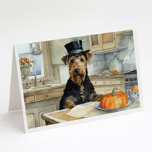 Load image into Gallery viewer, Airedale Terrier Fall Kitchen Pumpkins Greeting Cards -  Blank Note Cards – 8-Pack of Artist-Designed Cards with Envelopes