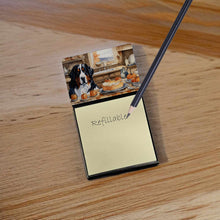 Load image into Gallery viewer, Bernese Mountain Dog Fall Kitchen Pumpkins Sticky Note Holder- Refiilable Desk Accessory Note Pad