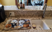 Load image into Gallery viewer, Bichon Frise Fall Kitchen Pumpkins Dish Drying Mat