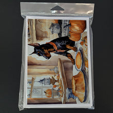 Load image into Gallery viewer, Doberman Pinscher Fall Kitchen Pumpkins Greeting Cards -  Blank Note Cards – 8-Pack of Artist-Designed Cards with Envelopes