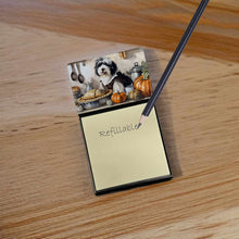 Load image into Gallery viewer, Old English Sheepdog Fall Kitchen Pumpkins Sticky Note Holder- Refiilable Desk Accessory Note Pad