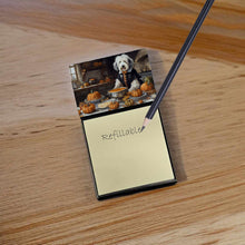 Load image into Gallery viewer, Old English Sheepdog Fall Kitchen Pumpkins Sticky Note Holder- Refiilable Desk Accessory Note Pad