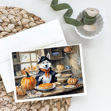 Load image into Gallery viewer, Siberian Husky Fall Kitchen Pumpkins Greeting Cards -  Blank Note Cards – 8-Pack of Artist-Designed Cards with Envelopes
