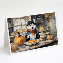 Load image into Gallery viewer, Siberian Husky Fall Kitchen Pumpkins Greeting Cards -  Blank Note Cards – 8-Pack of Artist-Designed Cards with Envelopes