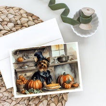 Load image into Gallery viewer, Yorkie Fall Kitchen Pumpkins Greeting Cards -  Blank Note Cards – 8-Pack of Artist-Designed Cards with Envelopes