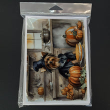 Load image into Gallery viewer, Yorkie Fall Kitchen Pumpkins Greeting Cards -  Blank Note Cards – 8-Pack of Artist-Designed Cards with Envelopes