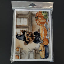 Load image into Gallery viewer, Yorkie Fall Kitchen Pumpkins Greeting Cards -  Blank Note Cards – 8-Pack of Artist-Designed Cards with Envelopes