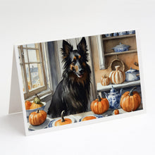 Load image into Gallery viewer, Belgian Sheepdog Fall Kitchen Pumpkins Greeting Cards -  Blank Note Cards – 8-Pack of Artist-Designed Cards with Envelopes