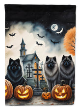 Load image into Gallery viewer, Keeshond Spooky Halloween Garden Flag – Dog in Cemetery Scene