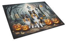 Load image into Gallery viewer, Sheltie Spooky Halloween Glass Cutting Boards – Durable, Decorative Kitchen Art Large