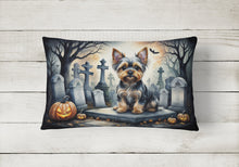 Load image into Gallery viewer, Yorkshire Terrier Spooky Halloween Fabric Decorative Pillow