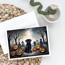 Load image into Gallery viewer, Black Pug Spooky Halloween Greeting Cards -  Blank Note Cards – 8-Pack of Artist-Designed Cards with Envelopes