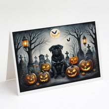 Load image into Gallery viewer, Black Pug Spooky Halloween Greeting Cards -  Blank Note Cards – 8-Pack of Artist-Designed Cards with Envelopes