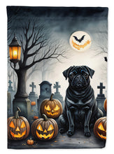 Load image into Gallery viewer, Black Pug Spooky Halloween Garden Flag – Dog in Cemetery Scene