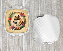 Load image into Gallery viewer, Akita and Flowers Compact Mirror – Stylish Purse Mirror with Artistic Covers