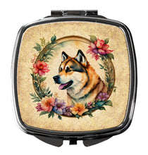 Load image into Gallery viewer, Akita and Flowers Compact Mirror – Stylish Purse Mirror with Artistic Covers