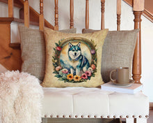 Load image into Gallery viewer, Alaskan Klee Kai and Flowers Throw Pillow - 14x14 Decorative Pillow – Art for Your Home &amp; Patio