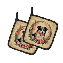 Load image into Gallery viewer, Australian Shepherd and Flowers Pot Holders - Set of 2 Decorative Kitchen Helpers | Made in the USA