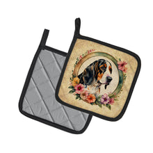 Load image into Gallery viewer, Basset Hound and Flowers Pot Holders - Set of 2 Decorative Kitchen Helpers | Made in the USA