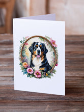 Load image into Gallery viewer, Bernese Mountain Dog and Flowers Greeting Cards -  Blank Note Cards – 8-Pack of Artist-Designed Cards with Envelopes