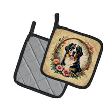 Load image into Gallery viewer, Bernese Mountain Dog and Flowers Pot Holders - Set of 2 Decorative Kitchen Helpers | Made in the USA