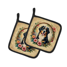 Load image into Gallery viewer, Bernese Mountain Dog and Flowers Pot Holders - Set of 2 Decorative Kitchen Helpers | Made in the USA