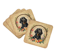 Load image into Gallery viewer, Black and Tan Coonhound and Flowers Coasters - Set of 4 Lightweight Foam, Absorbent Drink Coasters