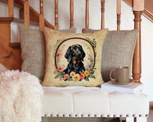 Load image into Gallery viewer, Black and Tan Coonhound and Flowers Throw Pillow - 14x14 Decorative Pillow – Art for Your Home &amp; Patio