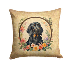 Load image into Gallery viewer, Black and Tan Coonhound and Flowers Throw Pillow - 14x14 Decorative Pillow – Art for Your Home &amp; Patio