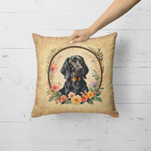 Load image into Gallery viewer, Black and Tan Coonhound and Flowers Fabric Decorative Pillow