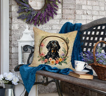Load image into Gallery viewer, Black and Tan Coonhound and Flowers Fabric Decorative Pillow