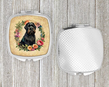 Load image into Gallery viewer, Black Russian Terrier and Flowers Compact Mirror – Stylish Purse Mirror with Artistic Covers