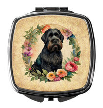 Load image into Gallery viewer, Black Russian Terrier and Flowers Compact Mirror – Stylish Purse Mirror with Artistic Covers