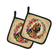 Load image into Gallery viewer, Bloodhound and Flowers Pot Holders - Set of 2 Decorative Kitchen Helpers | Made in the USA