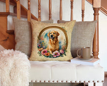 Load image into Gallery viewer, Golden Retriever and Flowers Throw Pillow - 14x14 Decorative Pillow – Art for Your Home &amp; Patio