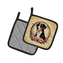 Load image into Gallery viewer, Greater Swiss Mountain Dog and Flowers Pot Holders - Set of 2 Decorative Kitchen Helpers | Made in the USA