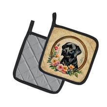 Load image into Gallery viewer, Black Labrador Retriever and Flowers Pot Holders - Set of 2 Decorative Kitchen Helpers | Made in the USA