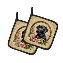 Load image into Gallery viewer, Black Labrador Retriever and Flowers Pot Holders - Set of 2 Decorative Kitchen Helpers | Made in the USA