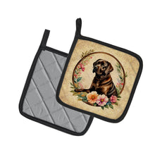 Load image into Gallery viewer, Chocolate Labrador Retriever and Flowers Pot Holders - Set of 2 Decorative Kitchen Helpers | Made in the USA