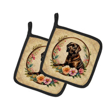 Load image into Gallery viewer, Chocolate Labrador Retriever and Flowers Pot Holders - Set of 2 Decorative Kitchen Helpers | Made in the USA