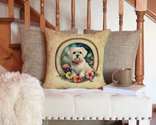 Load image into Gallery viewer, Maltese and Flowers Throw Pillow - 14x14 Decorative Pillow – Art for Your Home &amp; Patio