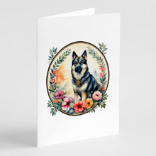 Load image into Gallery viewer, Norwegian Elkhound and Flowers Greeting Cards -  Blank Note Cards – 8-Pack of Artist-Designed Cards with Envelopes