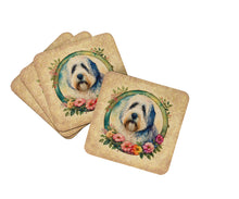 Load image into Gallery viewer, Old English Sheepdog and Flowers Coasters - Set of 4 Lightweight Foam, Absorbent Drink Coasters