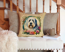 Load image into Gallery viewer, Old English Sheepdog and Flowers Throw Pillow - 14x14 Decorative Pillow – Art for Your Home &amp; Patio