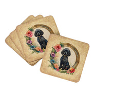Load image into Gallery viewer, Black Poodle and Flowers Coasters - Set of 4 Lightweight Foam, Absorbent Drink Coasters