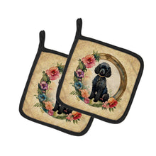 Load image into Gallery viewer, Black Poodle and Flowers Pot Holders - Set of 2 Decorative Kitchen Helpers | Made in the USA
