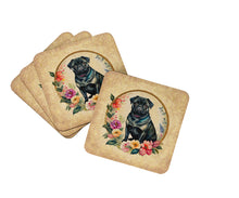 Load image into Gallery viewer, Black Pug and Flowers Coasters - Set of 4 Lightweight Foam, Absorbent Drink Coasters